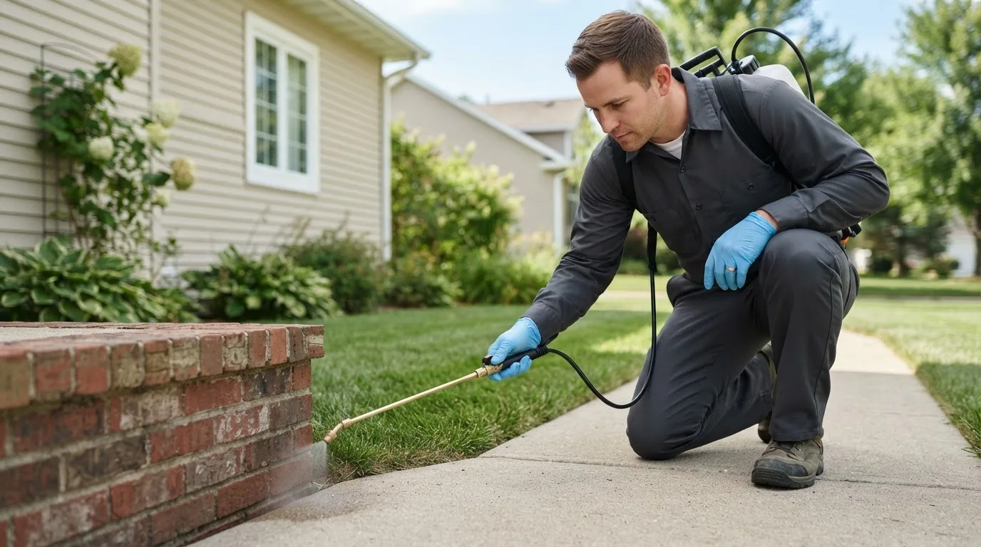 Pest control technician treating a home near Le Claire, IA