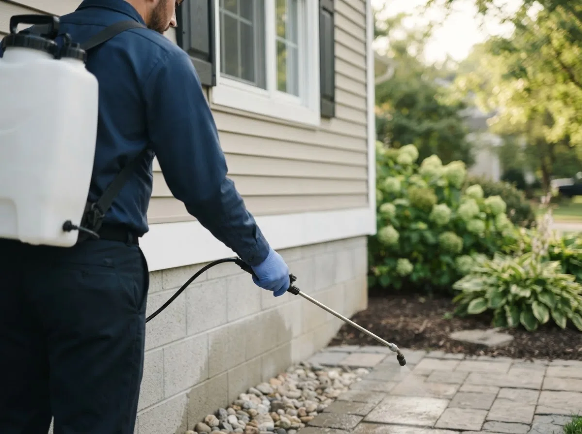 Pest control technician inspecting a home in Le Claire, IA